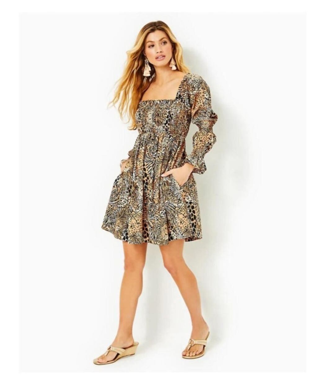 Lilly Pulitzer Beyonca Long sleeve Dress Smocked Animal Print NEW sz L